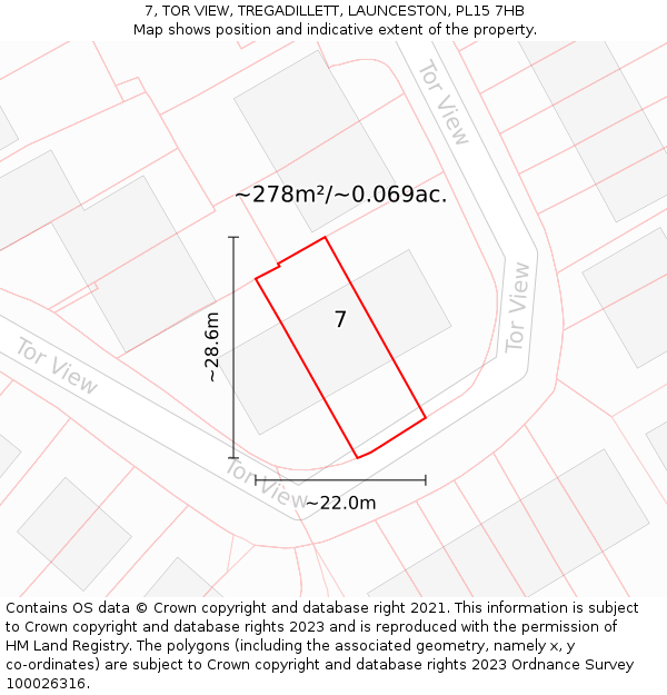 7, TOR VIEW, TREGADILLETT, LAUNCESTON, PL15 7HB: Plot and title map