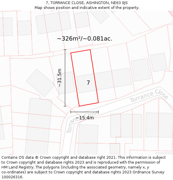 7, TORRANCE CLOSE, ASHINGTON, NE63 9JS: Plot and title map