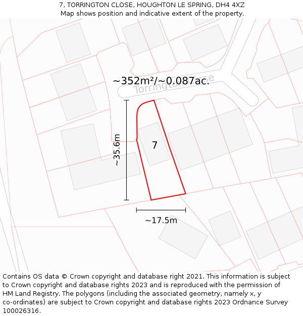 7, TORRINGTON CLOSE, HOUGHTON LE SPRING, DH4 4XZ: Plot and title map