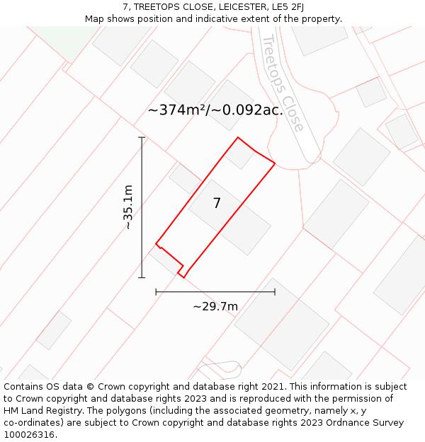 7, TREETOPS CLOSE, LEICESTER, LE5 2FJ: Plot and title map