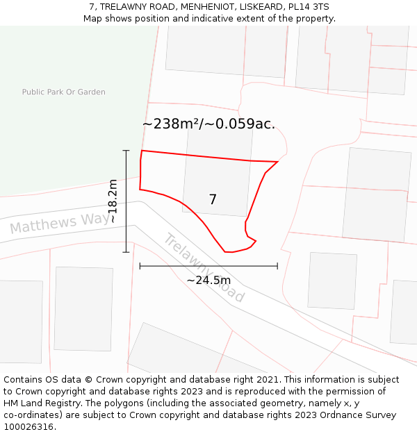 7, TRELAWNY ROAD, MENHENIOT, LISKEARD, PL14 3TS: Plot and title map