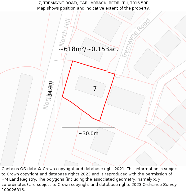 7, TREMAYNE ROAD, CARHARRACK, REDRUTH, TR16 5RF: Plot and title map