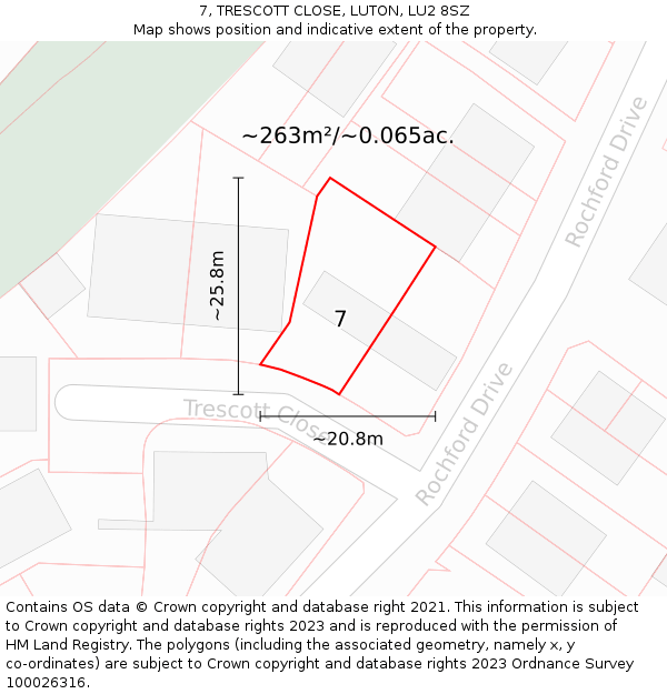 7, TRESCOTT CLOSE, LUTON, LU2 8SZ: Plot and title map