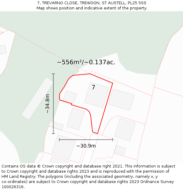 7, TREVARNO CLOSE, TREWOON, ST AUSTELL, PL25 5SS: Plot and title map