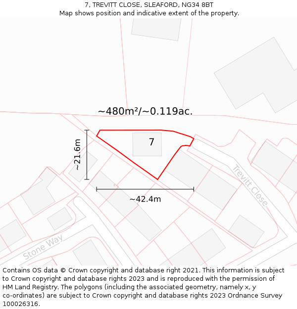 7, TREVITT CLOSE, SLEAFORD, NG34 8BT: Plot and title map