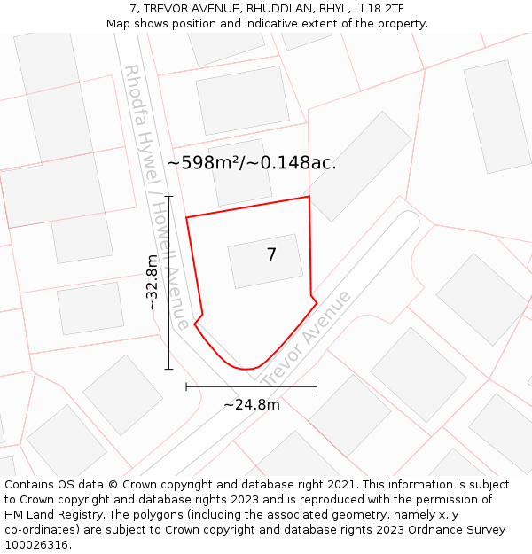 7, TREVOR AVENUE, RHUDDLAN, RHYL, LL18 2TF: Plot and title map