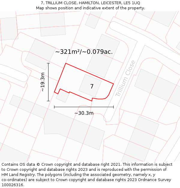 7, TRILLIUM CLOSE, HAMILTON, LEICESTER, LE5 1UQ: Plot and title map