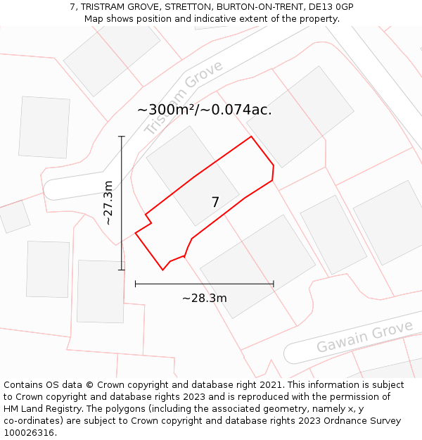 7, TRISTRAM GROVE, STRETTON, BURTON-ON-TRENT, DE13 0GP: Plot and title map