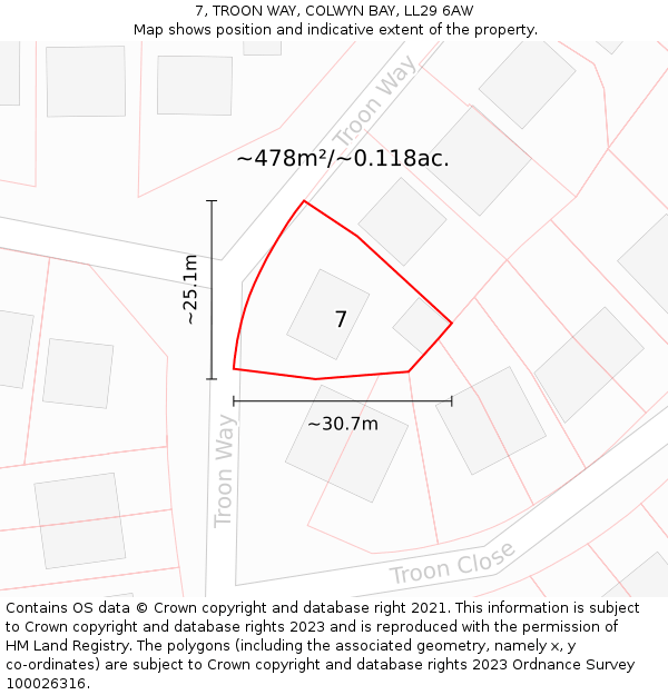 7, TROON WAY, COLWYN BAY, LL29 6AW: Plot and title map