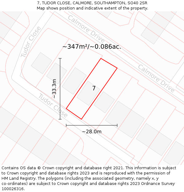 7, TUDOR CLOSE, CALMORE, SOUTHAMPTON, SO40 2SR: Plot and title map