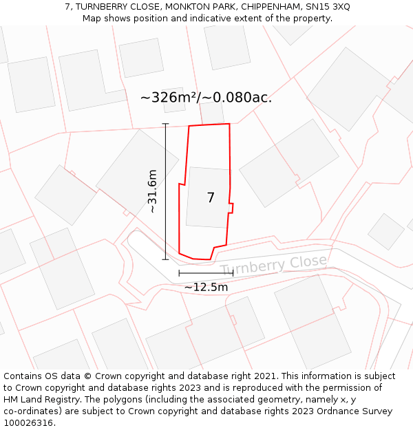 7, TURNBERRY CLOSE, MONKTON PARK, CHIPPENHAM, SN15 3XQ: Plot and title map