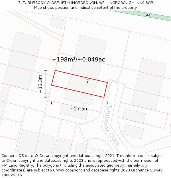 7, TURNBROOK CLOSE, IRTHLINGBOROUGH, WELLINGBOROUGH, NN9 5GB: Plot and title map