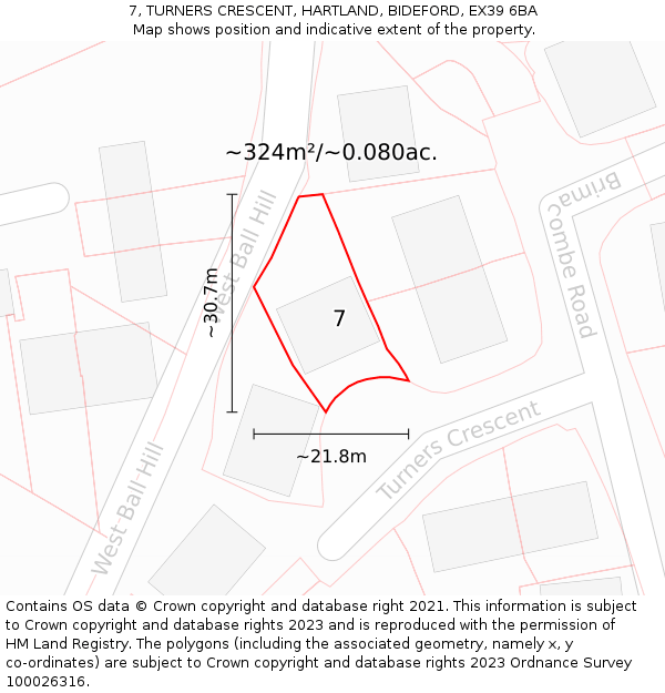 7, TURNERS CRESCENT, HARTLAND, BIDEFORD, EX39 6BA: Plot and title map