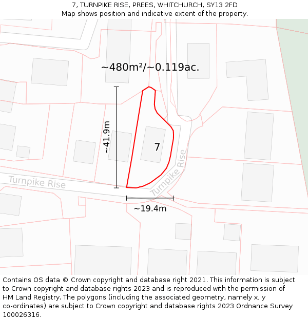 7, TURNPIKE RISE, PREES, WHITCHURCH, SY13 2FD: Plot and title map