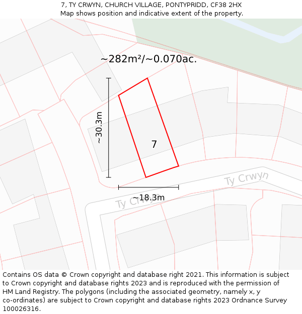 7, TY CRWYN, CHURCH VILLAGE, PONTYPRIDD, CF38 2HX: Plot and title map