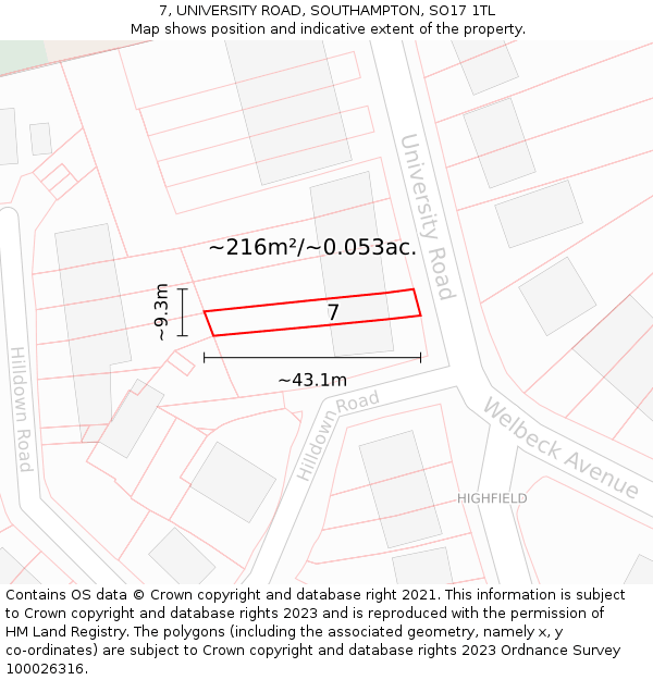 7, UNIVERSITY ROAD, SOUTHAMPTON, SO17 1TL: Plot and title map