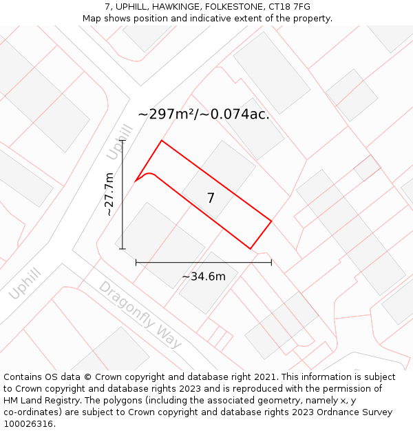 7, UPHILL, HAWKINGE, FOLKESTONE, CT18 7FG: Plot and title map