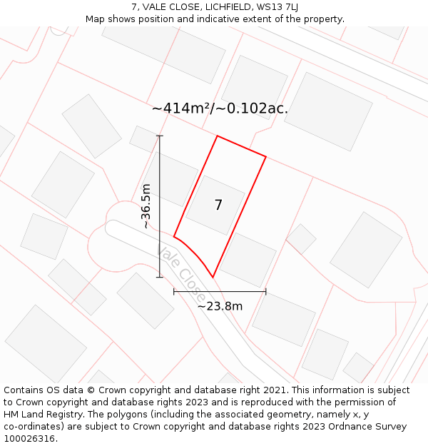 7, VALE CLOSE, LICHFIELD, WS13 7LJ: Plot and title map