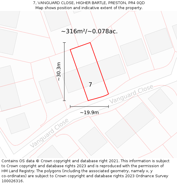 7, VANGUARD CLOSE, HIGHER BARTLE, PRESTON, PR4 0QD: Plot and title map