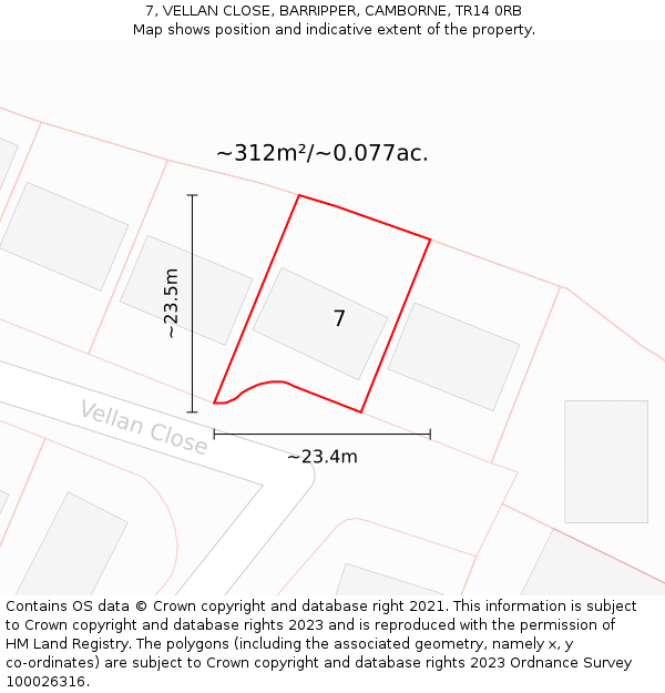 7, VELLAN CLOSE, BARRIPPER, CAMBORNE, TR14 0RB: Plot and title map