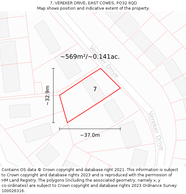 7, VEREKER DRIVE, EAST COWES, PO32 6QD: Plot and title map