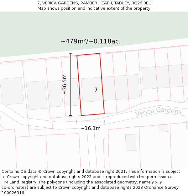 7, VERICA GARDENS, PAMBER HEATH, TADLEY, RG26 3EU: Plot and title map