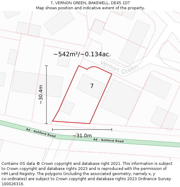 7, VERNON GREEN, BAKEWELL, DE45 1DT: Plot and title map