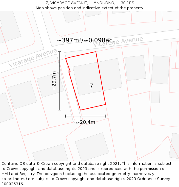 7, VICARAGE AVENUE, LLANDUDNO, LL30 1PS: Plot and title map