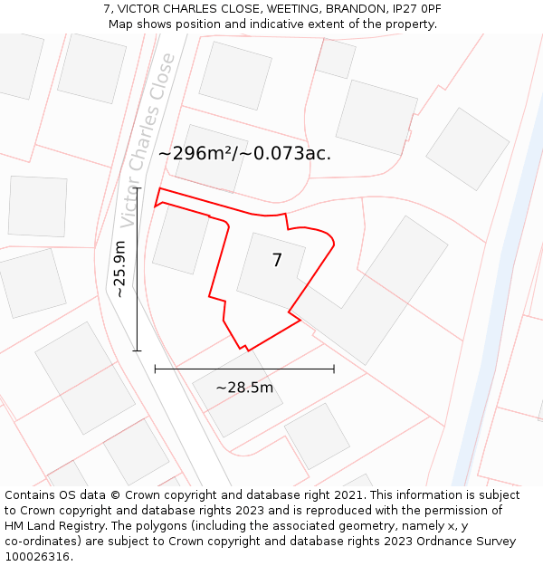 7, VICTOR CHARLES CLOSE, WEETING, BRANDON, IP27 0PF: Plot and title map