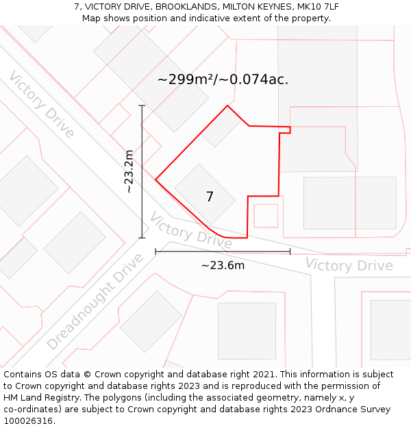 7, VICTORY DRIVE, BROOKLANDS, MILTON KEYNES, MK10 7LF: Plot and title map