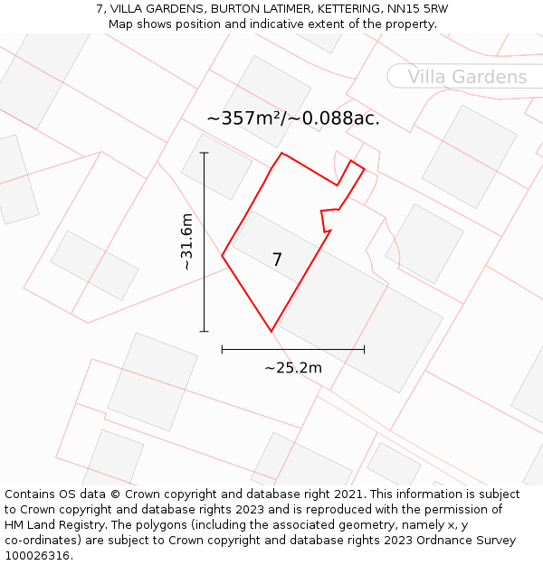 7, VILLA GARDENS, BURTON LATIMER, KETTERING, NN15 5RW: Plot and title map