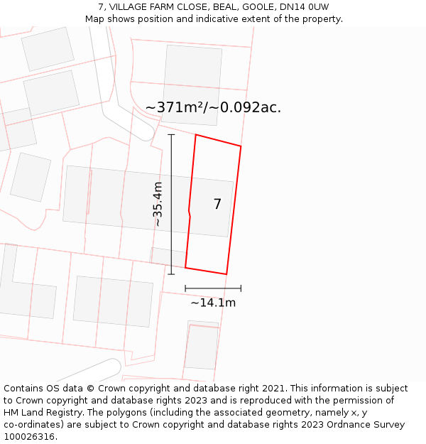 7, VILLAGE FARM CLOSE, BEAL, GOOLE, DN14 0UW: Plot and title map