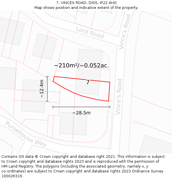 7, VINCES ROAD, DISS, IP22 4HG: Plot and title map