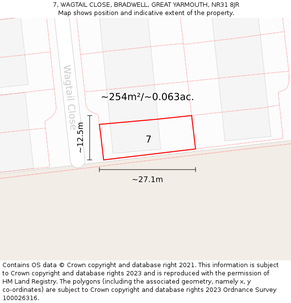 7, WAGTAIL CLOSE, BRADWELL, GREAT YARMOUTH, NR31 8JR: Plot and title map