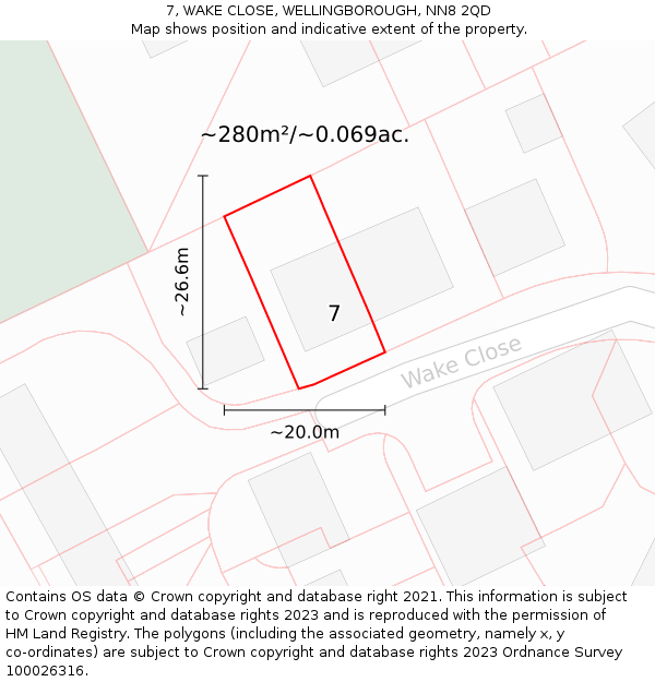 7, WAKE CLOSE, WELLINGBOROUGH, NN8 2QD: Plot and title map