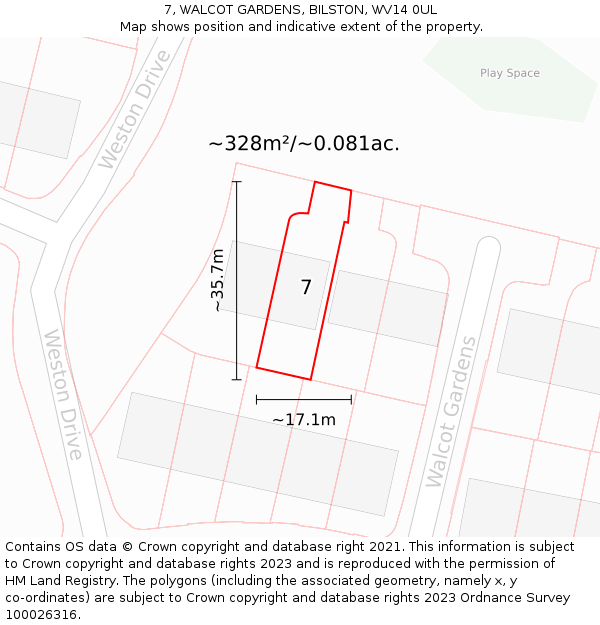 7, WALCOT GARDENS, BILSTON, WV14 0UL: Plot and title map