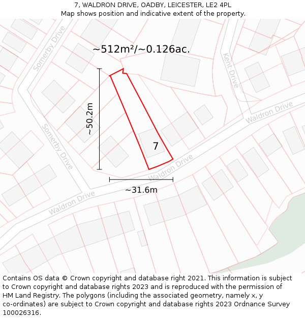 7, WALDRON DRIVE, OADBY, LEICESTER, LE2 4PL: Plot and title map