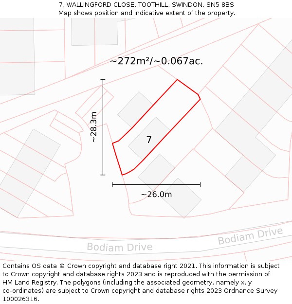 7, WALLINGFORD CLOSE, TOOTHILL, SWINDON, SN5 8BS: Plot and title map