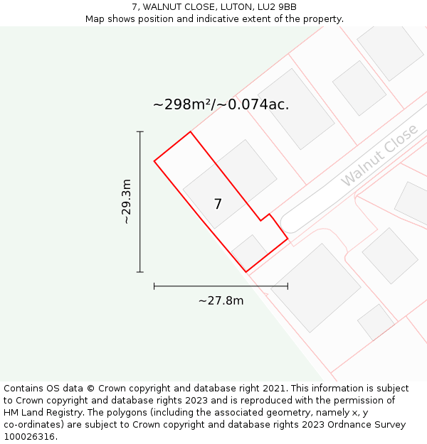 7, WALNUT CLOSE, LUTON, LU2 9BB: Plot and title map