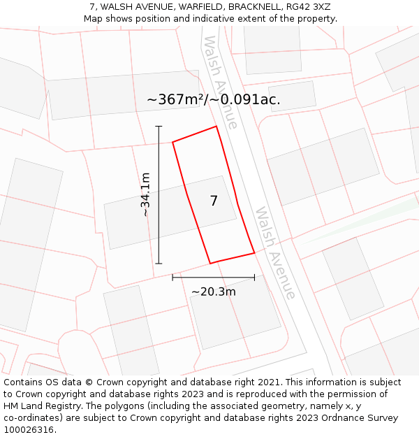 7, WALSH AVENUE, WARFIELD, BRACKNELL, RG42 3XZ: Plot and title map