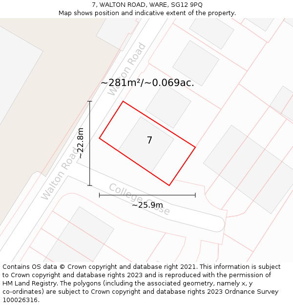 7, WALTON ROAD, WARE, SG12 9PQ: Plot and title map