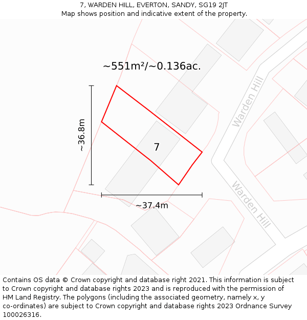 7, WARDEN HILL, EVERTON, SANDY, SG19 2JT: Plot and title map