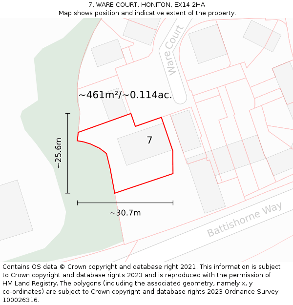 7, WARE COURT, HONITON, EX14 2HA: Plot and title map