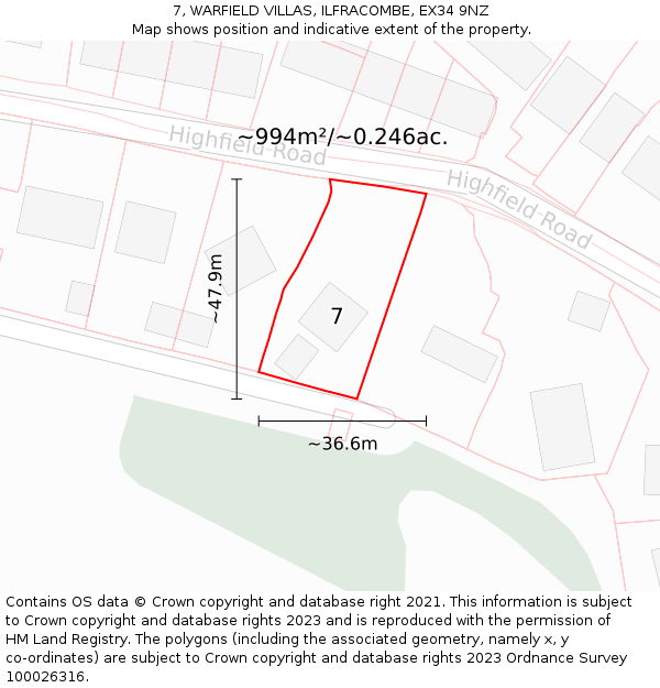7, WARFIELD VILLAS, ILFRACOMBE, EX34 9NZ: Plot and title map