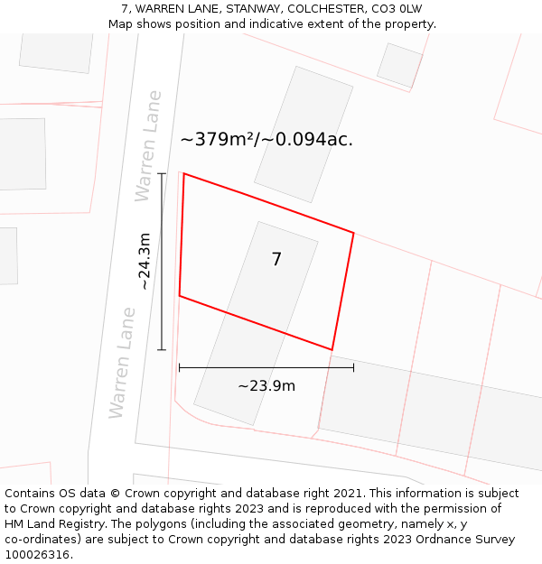 7, WARREN LANE, STANWAY, COLCHESTER, CO3 0LW: Plot and title map