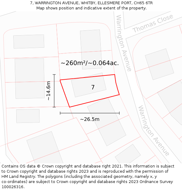 7, WARRINGTON AVENUE, WHITBY, ELLESMERE PORT, CH65 6TR: Plot and title map