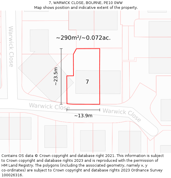 7, WARWICK CLOSE, BOURNE, PE10 0WW: Plot and title map