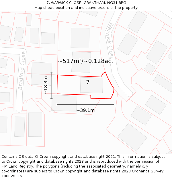 7, WARWICK CLOSE, GRANTHAM, NG31 8RG: Plot and title map