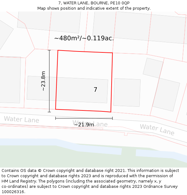 7, WATER LANE, BOURNE, PE10 0QP: Plot and title map