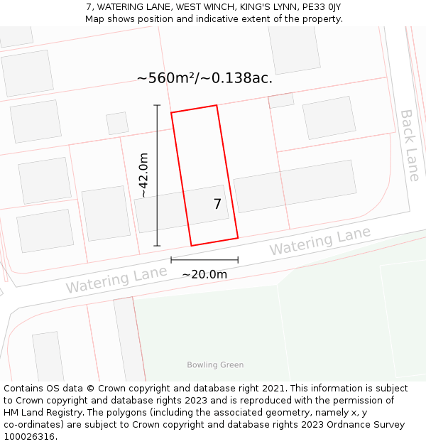 7, WATERING LANE, WEST WINCH, KING'S LYNN, PE33 0JY: Plot and title map